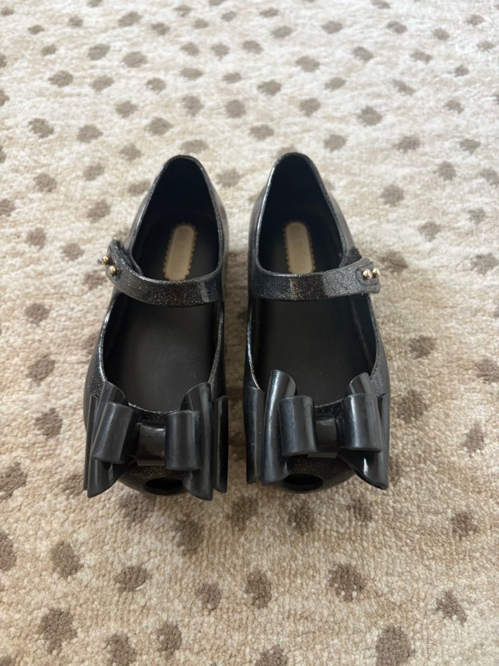 Mini Melissa Black Glitter Bow Mary Jane Flats with Studded Strap - Picture 3 of 3